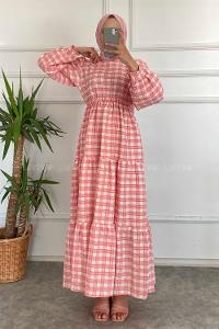 Modalamelif Kare Desenli Beli Lastikli Gofre Elbise Pembe