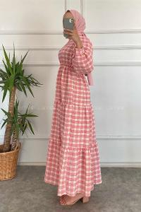 Modalamelif Kare Desenli Beli Lastikli Gofre Elbise Pembe