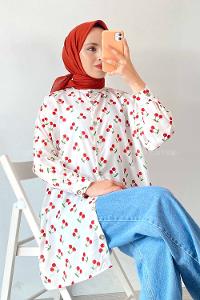 Modalamelif Kiraz Desen Gömlek Ekru-Kırmızı