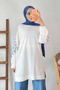 Modalamelif Kolu Nakış İşlemeli Tunik Beyaz