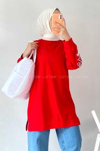Modalamelif Kolu Nakış İşlemeli Tunik Kırmızı