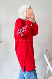 Modalamelif Kolu Nakış İşlemeli Tunik Kırmızı