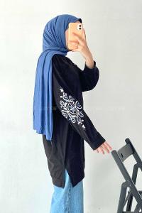 Modalamelif Kolu Nakış İşlemeli Tunik Siyah
