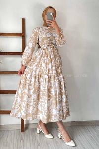 Modalamelif Kuşak Bağlamalı Çiçek Desenli Elbise Bej