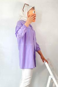 Modalamelif Önü Boydan Düğmeli Şerit Geçişli  Tunik Gömlek Lila