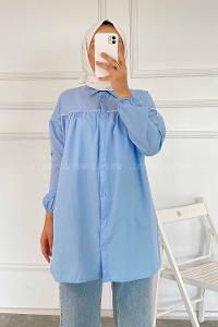 Modalamelif Önü Boydan Düğmeli Şerit Geçişli  Tunik Gömlek Mavi