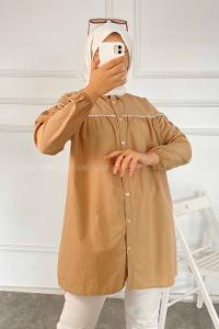 Modalamelif Önü Boydan Düğmeli Şerit Geçişli  Tunik Gömlek Sütlü