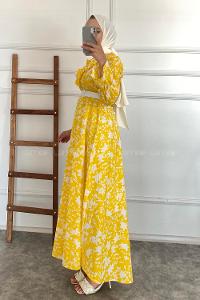Modalamelif Önü Fırfır Detaylı Beli Kemer Bağlamalı Desenli Elbise Sarı