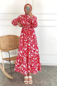 Modalamelif Önü FırFır Detaylı Beli Lastikli Kuşaklı Elbise Kırmızı