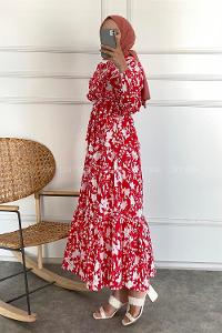 Modalamelif Önü FırFır Detaylı Beli Lastikli Kuşaklı Elbise Kırmızı