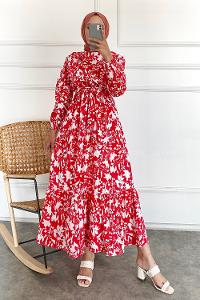 Modalamelif Önü FırFır Detaylı Beli Lastikli Kuşaklı Elbise Kırmızı