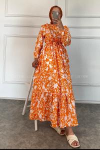 Modalamelif Önü FırFır Detaylı Beli Lastikli Kuşaklı Elbise Oranj