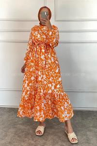 Modalamelif Önü FırFır Detaylı Beli Lastikli Kuşaklı Elbise Oranj