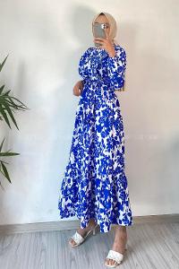 Modalamelif Önü FırFır Detaylı Beli Lastikli Kuşaklı Soyut Model Elbise İndigo