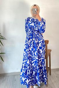 Modalamelif Önü FırFır Detaylı Beli Lastikli Kuşaklı Soyut Model Elbise İndigo