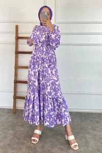 Modalamelif Önü FırFır Detaylı Beli Lastikli Kuşaklı Soyut Model Elbise Lila