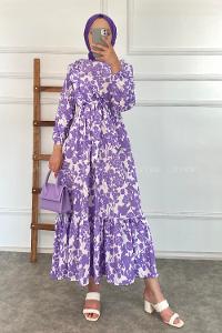 Modalamelif Önü FırFır Detaylı Beli Lastikli Kuşaklı Soyut Model Elbise Lila