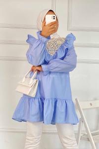 Modalamelif Önü Fırfır Detaylı Dantel Modelli Tunik Açık Mavi