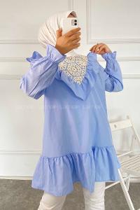Modalamelif Önü Fırfır Detaylı Dantel Modelli Tunik Açık Mavi