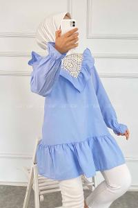 Modalamelif Önü Fırfır Detaylı Dantel Modelli Tunik Açık Mavi