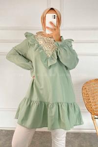 Modalamelif Önü Fırfır Detaylı Dantel Modelli Tunik Çağla Yeşili