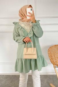 Modalamelif Önü Fırfır Detaylı Dantel Modelli Tunik Çağla Yeşili