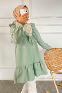 Modalamelif Önü Fırfır Detaylı Dantel Modelli Tunik Çağla Yeşili