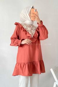 Modalamelif Önü Fırfır Detaylı Dantel Modelli Tunik Gül