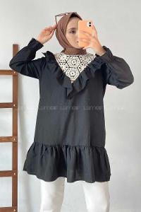 Modalamelif Önü Fırfır Detaylı Dantel Modelli Tunik Siyah