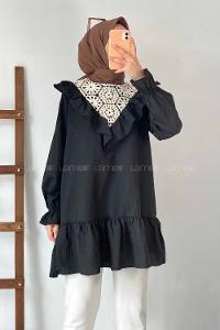 Modalamelif Önü Fırfır Detaylı Dantel Modelli Tunik Siyah