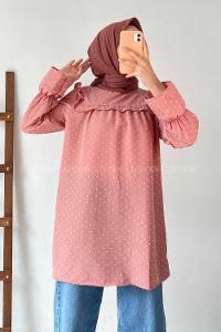 Modalamelif Önü Fırfır Detaylı Puantiyeli Tunik Pudra