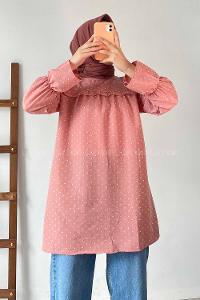 Modalamelif Önü Fırfır Detaylı Puantiyeli Tunik Pudra