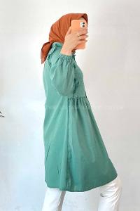 Modalamelif Önü Motif İşlemeli Fırfırlı Boydan Düğmeli Tunik Çağla Yeşili