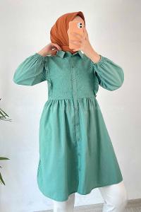 Modalamelif Önü Motif İşlemeli Fırfırlı Boydan Düğmeli Tunik Çağla Yeşili