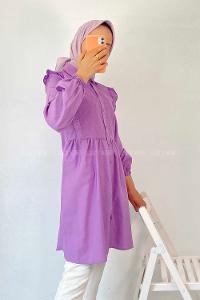 Modalamelif Önü Motif İşlemeli Fırfırlı Boydan Düğmeli Tunik Eflatun