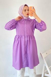 Modalamelif Önü Motif İşlemeli Fırfırlı Boydan Düğmeli Tunik Eflatun