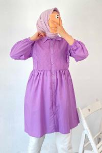 Modalamelif Önü Motif İşlemeli Fırfırlı Boydan Düğmeli Tunik Eflatun