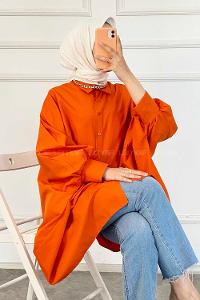 Modalamelif Oversize Önü Kısa Arkası Uzun Yara_sa Kol Tunik Turuncu
