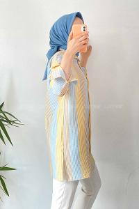 Modalamelif Renk Garnili Çizgili Gofre Gömlek Sarı