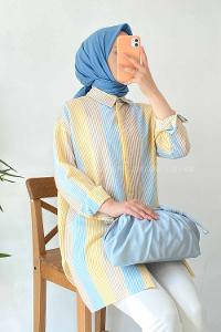 Modalamelif Renk Garnili Çizgili Gofre Gömlek Sarı