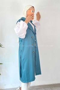 Modalamelif Sıfır Kol Önü Düğmeli Kuşaklı Trenç Petrol Mavisi