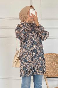 Modalamelif Soyut Desen Baskılı Gömlek Haki