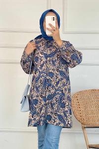 Modalamelif Soyut Desen Baskılı Gömlek Mavi