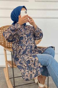 Modalamelif Soyut Desen Baskılı Gömlek Mavi