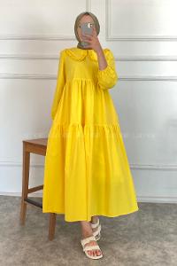 Modalamelif Yaka Dantelli Elbise Sarı