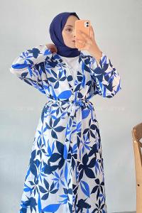 Modalamelif Yaprak Desenli Kuşak Bağlamalı Kimono Lacivert