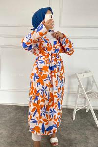 Modalamelif Yaprak Desenli Kuşak Bağlamalı Kimono Oranj