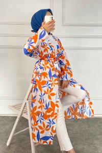 Modalamelif Yaprak Desenli Kuşak Bağlamalı Kimono Oranj
