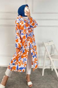 Modalamelif Yaprak Desenli Kuşak Bağlamalı Kimono Oranj