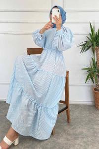 Modalamelif Balon Kol Çizgi Desenli Fırfırlı Elbise Bebe Mavisi